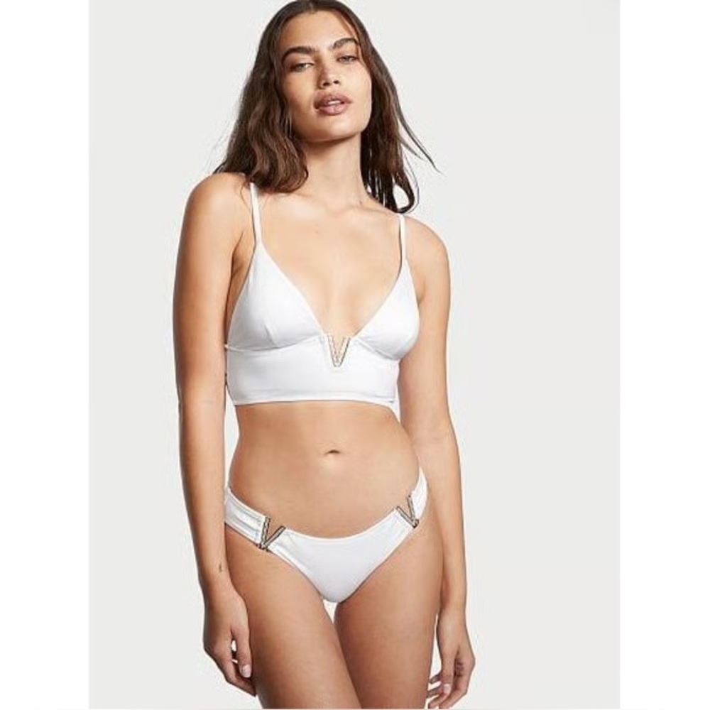 Victoria's Secret V-Hardware Bralette Bikini top rhinestones white gold swim S